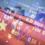 A digital overlay of financial data and stock market graphs over a waving Chinese flag